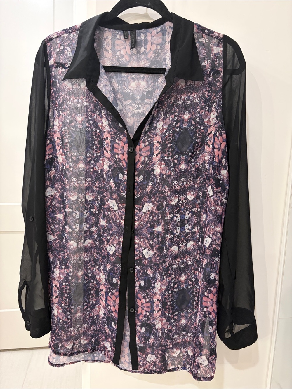 Maurices Black Sheer Sleeve Button-Down Blouse with Pink Print